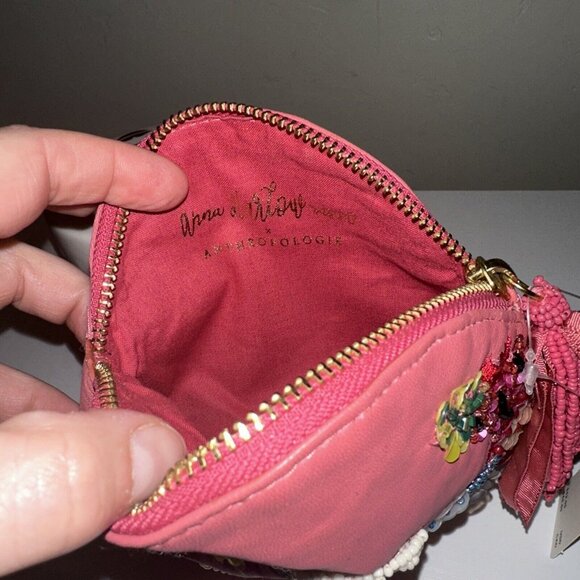 Sold Anthropologie "A" Anna Harlow Russo Leather Pink Beaded Pouch Makeup Bag - Picture 5 of 6